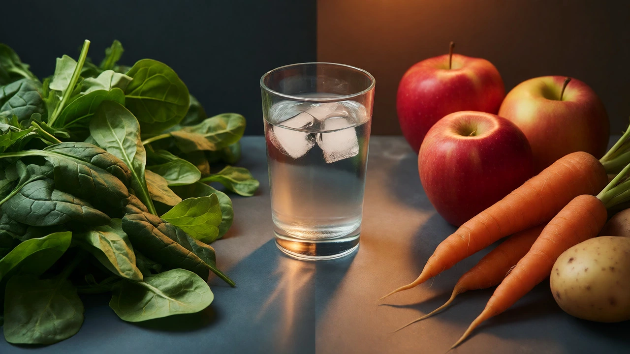 Contrast between leafy greens and forbidden fruits and vegetables.