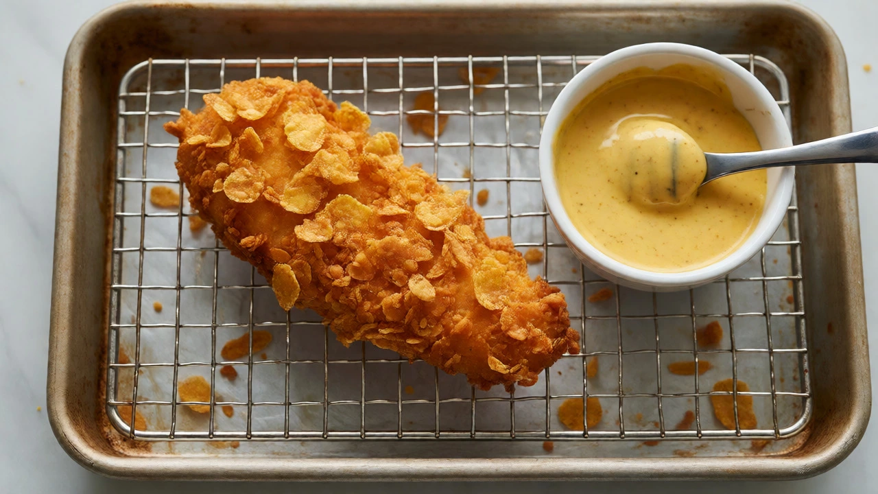 Crispy cornflake-coated chicken tenders served with honey mustard dipping sauce.