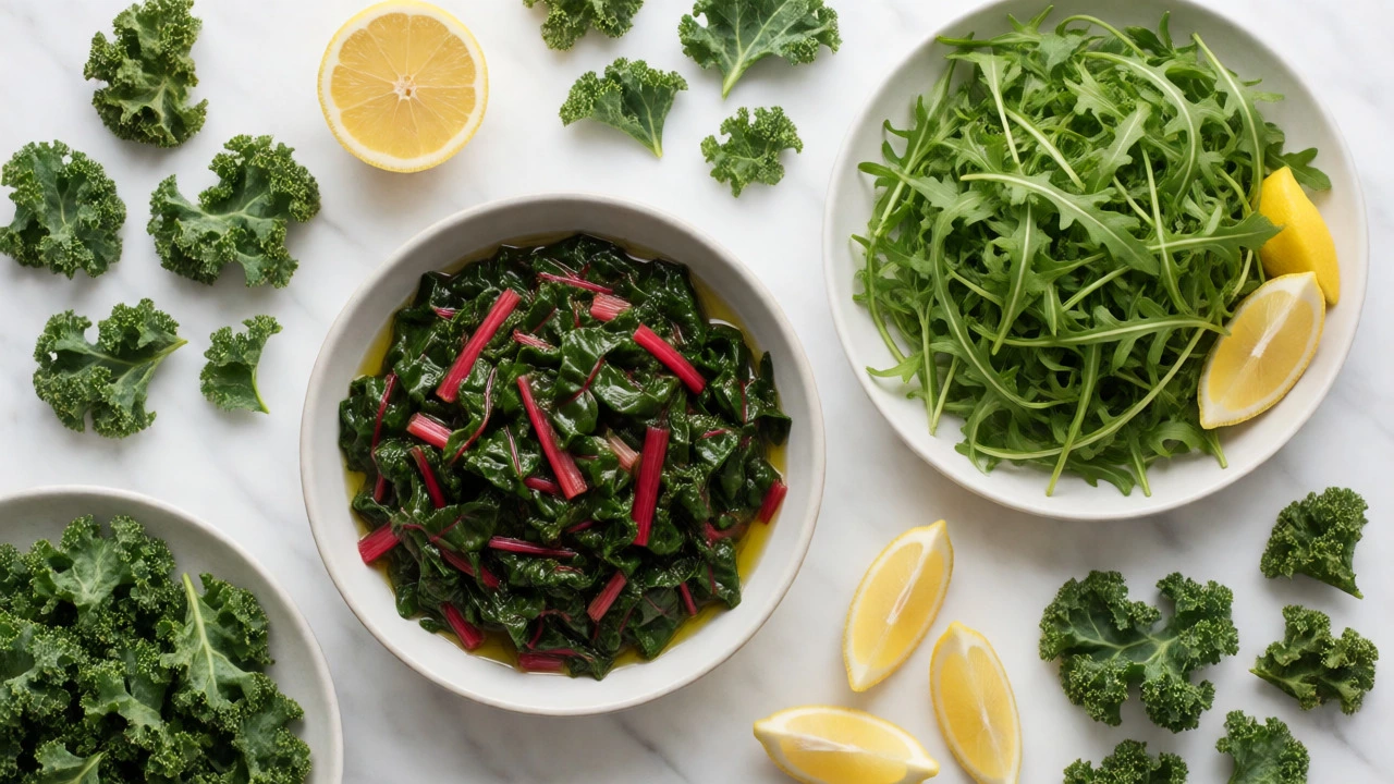 Flat lay of sautéed Swiss chard, arugula salad, and kale chips on marble