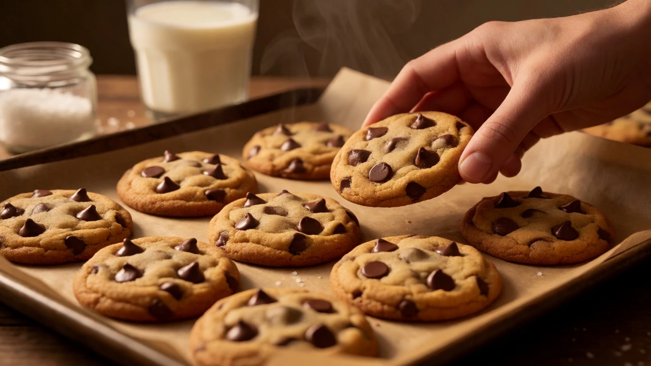Fresh chocolate chip cookies on a baking sheet with a hand reaching for one.