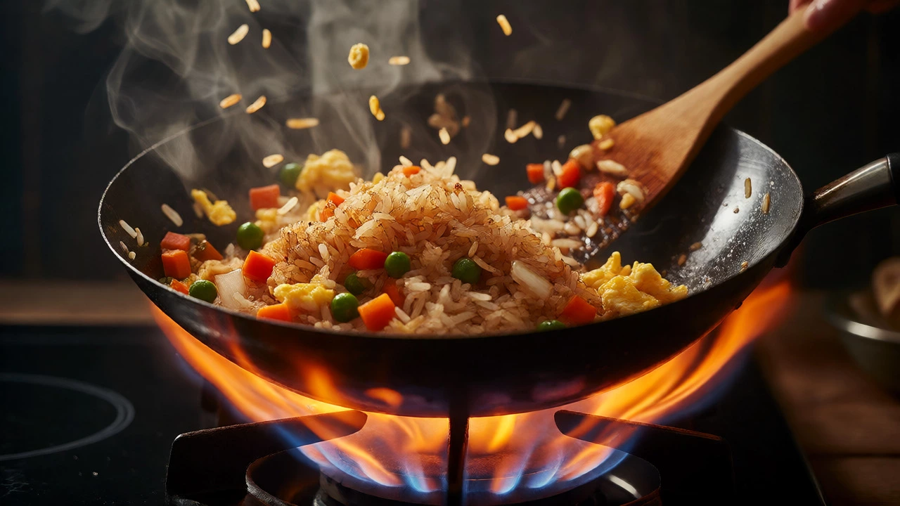 Fried rice with eggs and vegetables being tossed in a flaming wok.