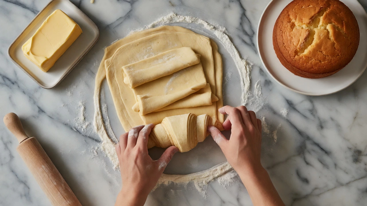 Hands folding laminated croissant dough next to butter and a simple sponge cake