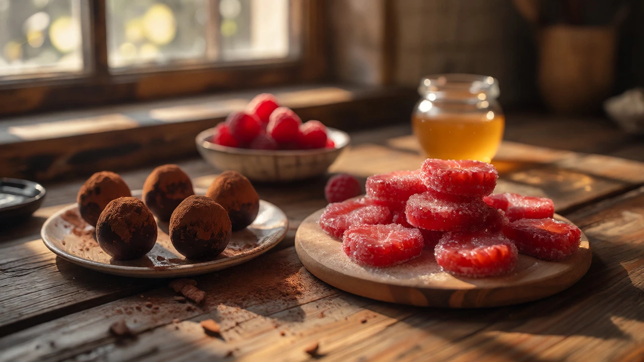 Homemade chocolate truffles and fruit pastilles