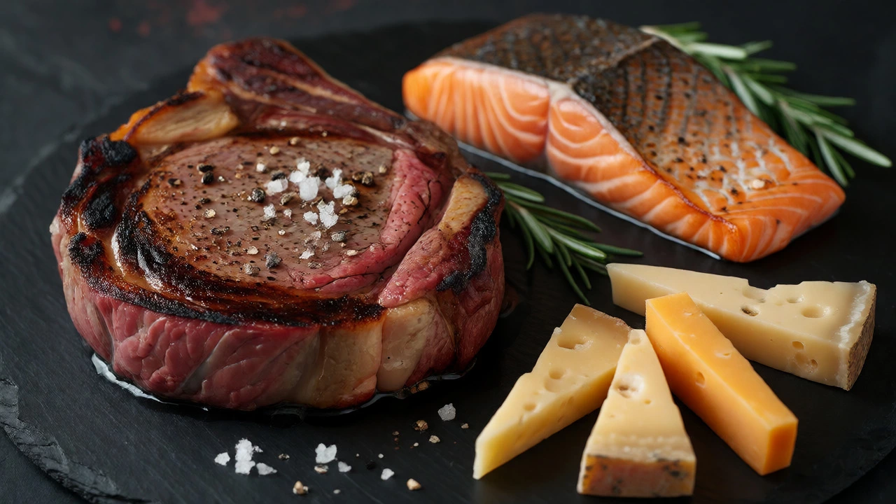 Seared ribeye steak, salmon fillet, and hard cheese wedges on slate.