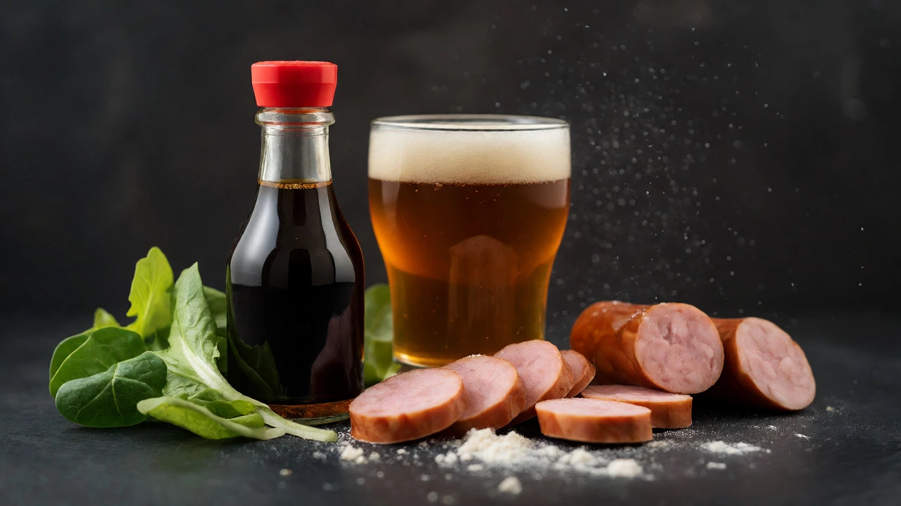 Soy sauce, beer, and sausages representing hidden gluten sources