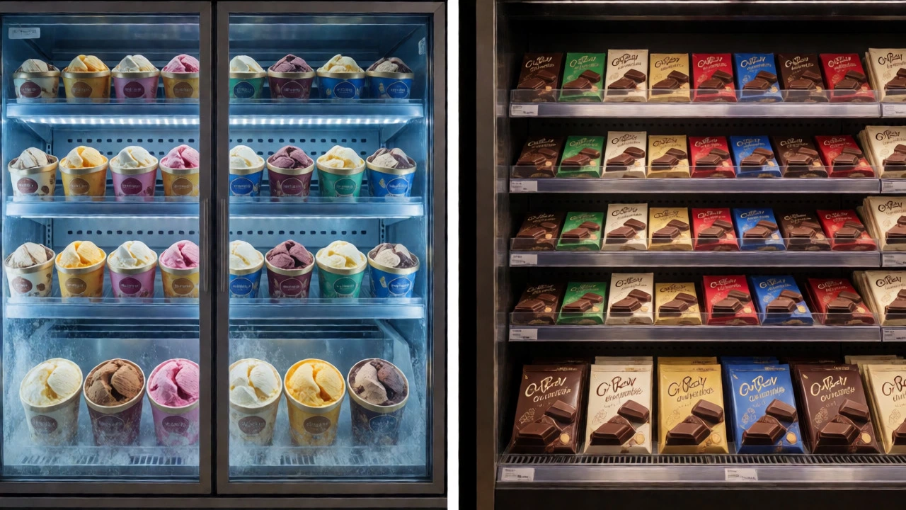 Supermarket freezer aisle showing ice cream tubs next to chocolate bars.