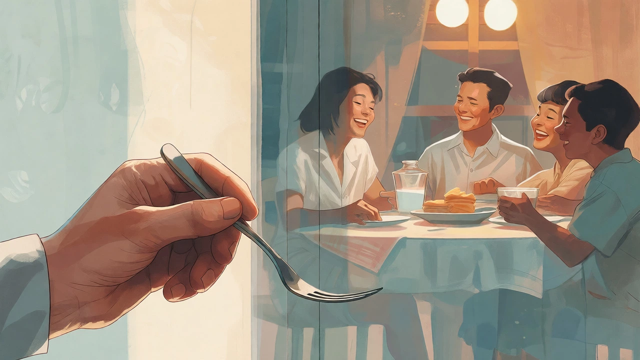 Artistic depiction of nostalgic memories formed during family meals.