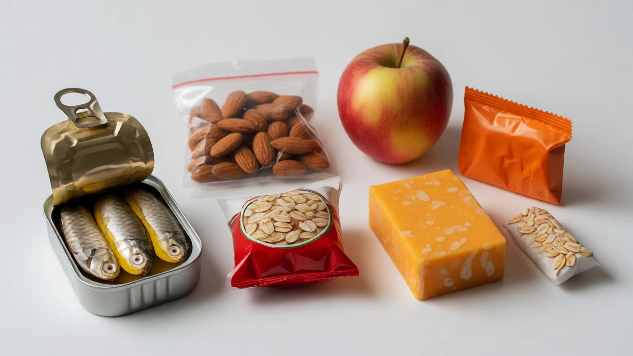 Assorted emergency lunch snacks including nuts and fish