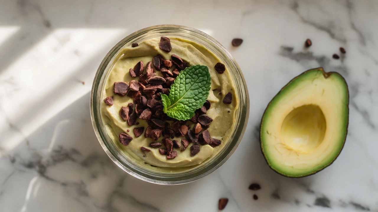 Avocado chocolate mousse in a glass jar with cacao nibs