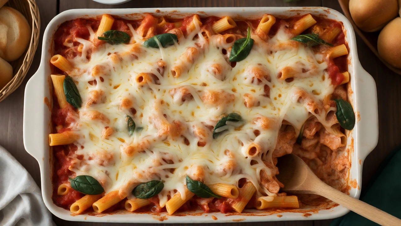 Baked ziti with melted cheese crust and spinach in a baking dish