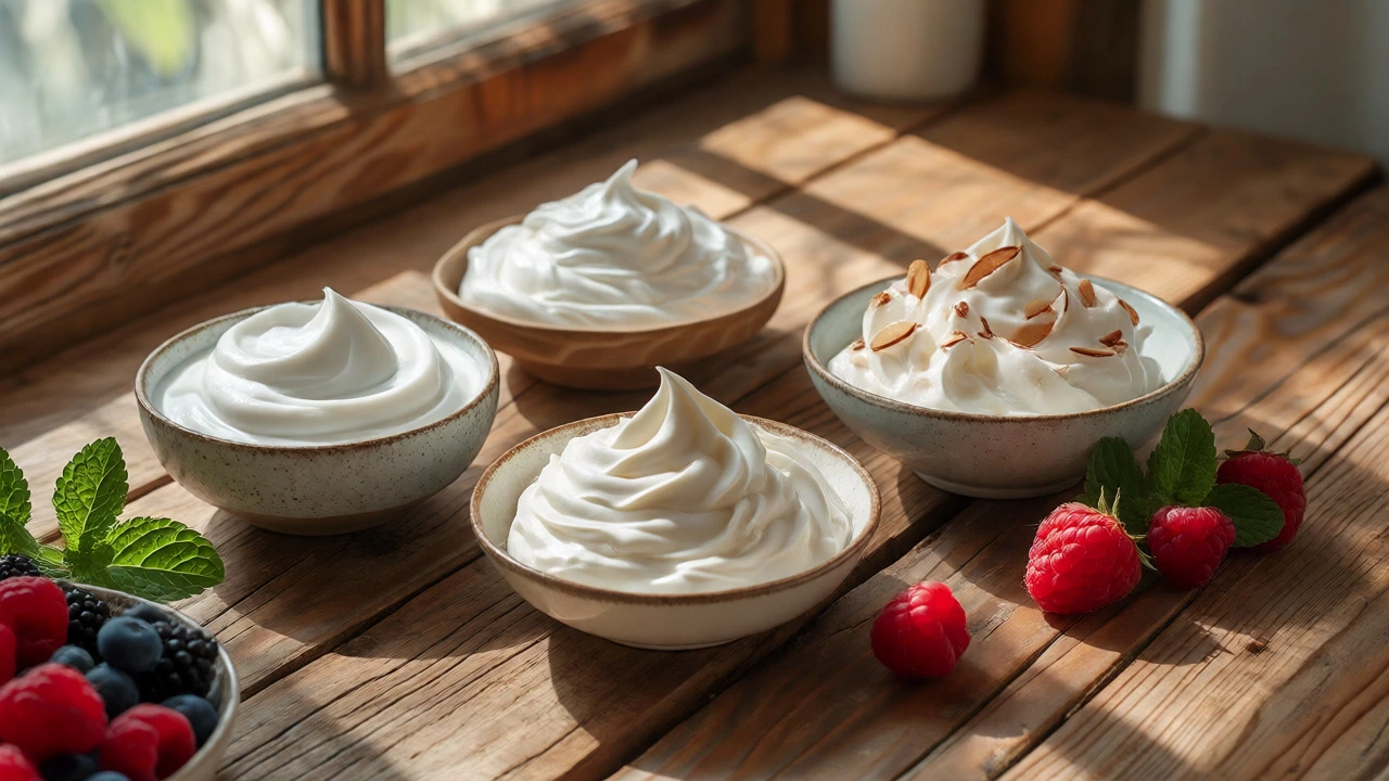 Bowls of gluten-free whipped topping alternatives with fresh berries