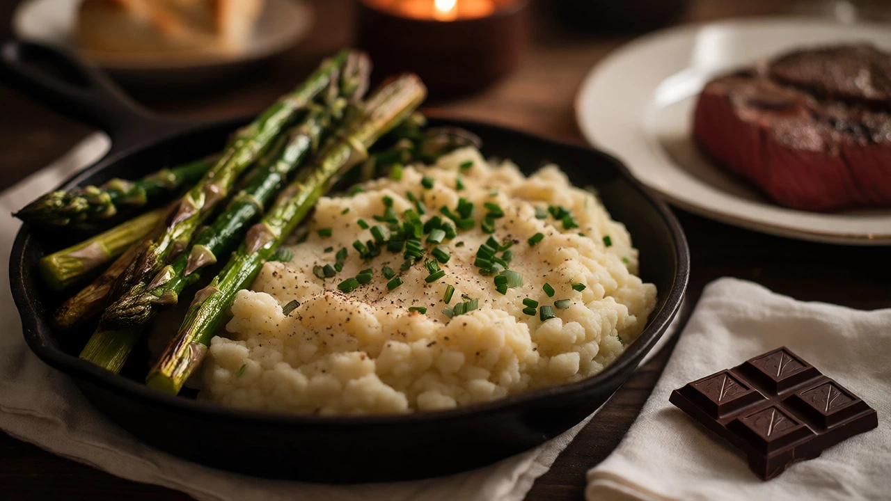 Cauliflower mash, steak, and asparagus served in a cast-iron skillet.