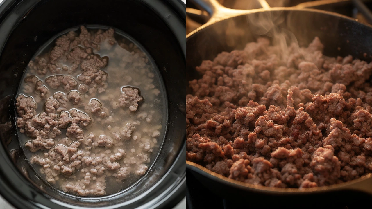 Comparison of grey boiled beef versus browned sizzling beef