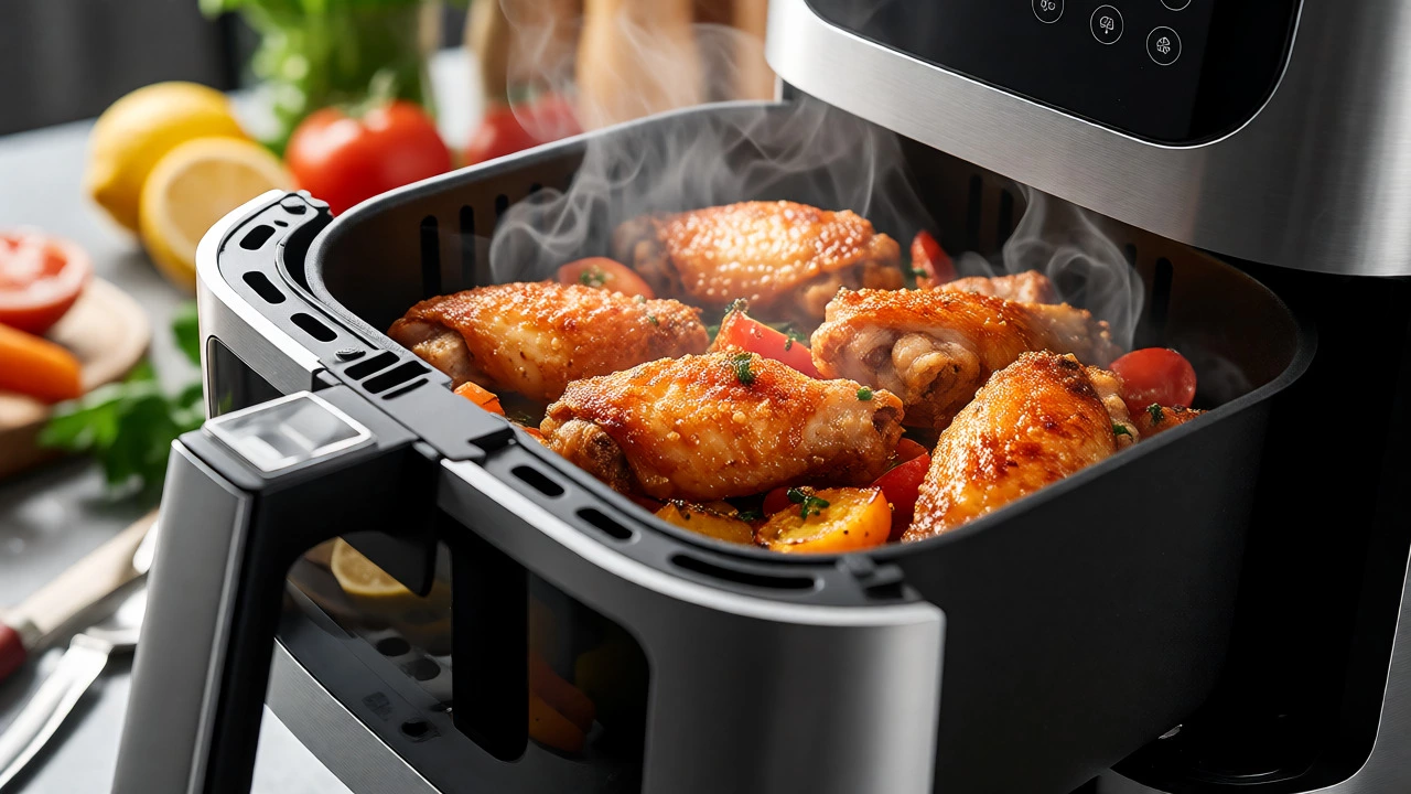 Crispy golden chicken wings and veggies being removed from an air fryer