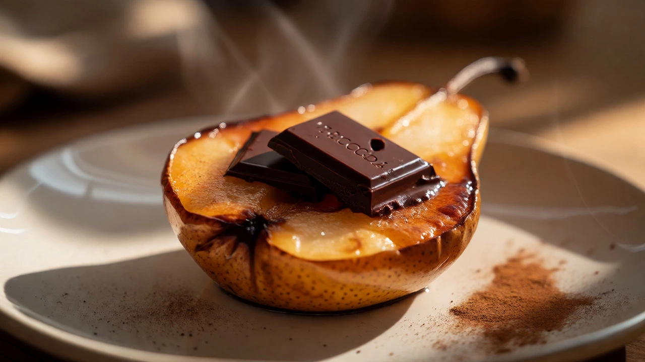 Dark chocolate squares on a warm roasted pear half