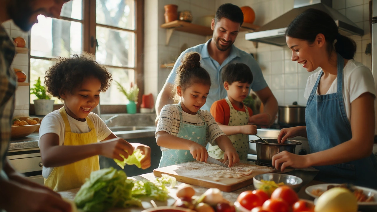 Family members collaborating to prepare a healthy meal in a bright kitchen.