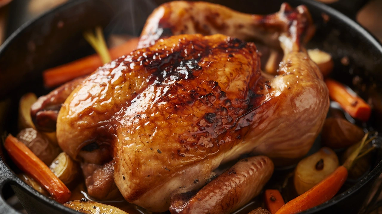 Golden roasted chicken with crispy skin in a pan
