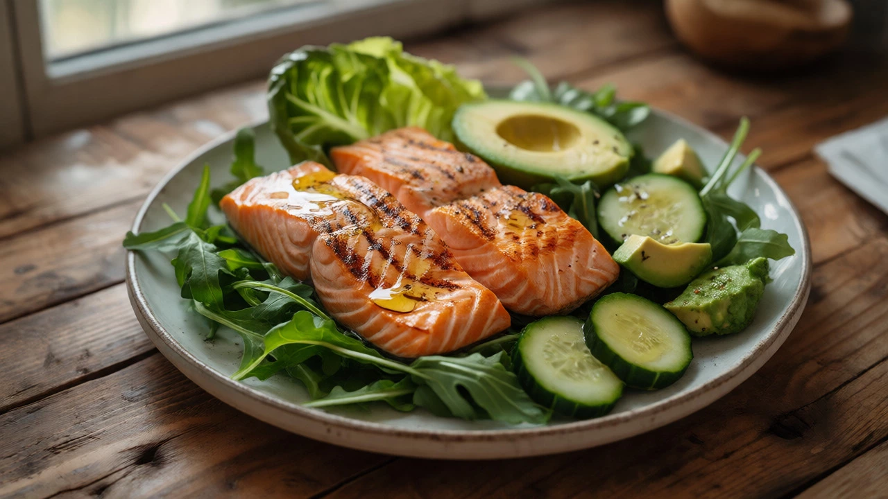 Grilled salmon salad with avocado and cucumber on a wooden table.