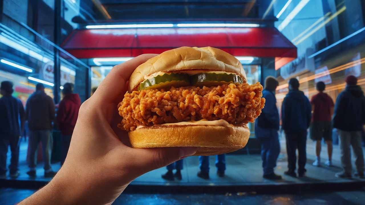 Hand holding a juicy chicken sandwich against a blurred city street background.