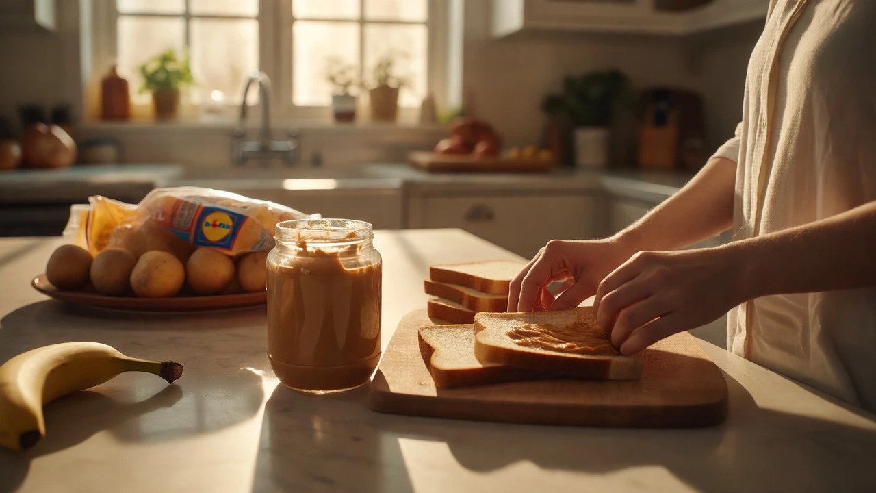 Hands making a peanut butter sandwich with banana and bread