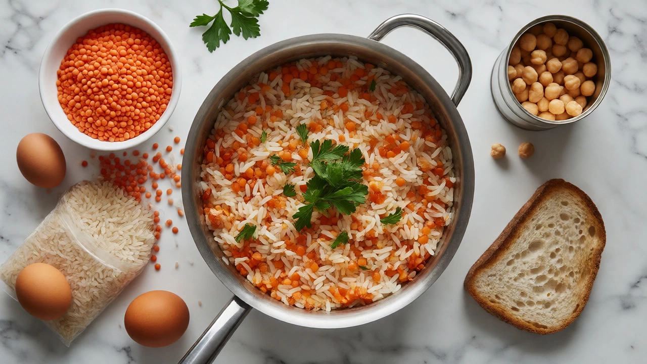 Lentil and rice stew with raw ingredients laid out on a counter
