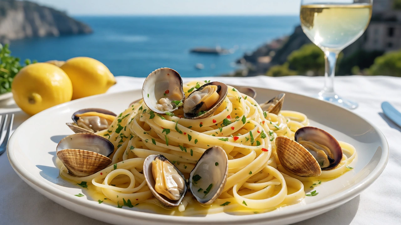 Linguine alle Vongole on a sunny terrace by the sea