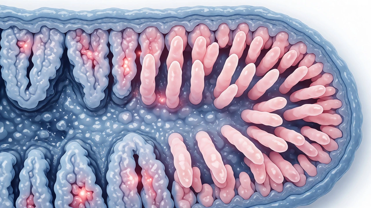 Medical illustration comparing damaged and healing intestinal villi