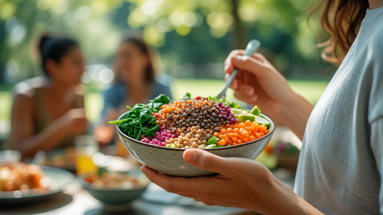 Person eating a colorful bowl of lentils and spinach outdoors