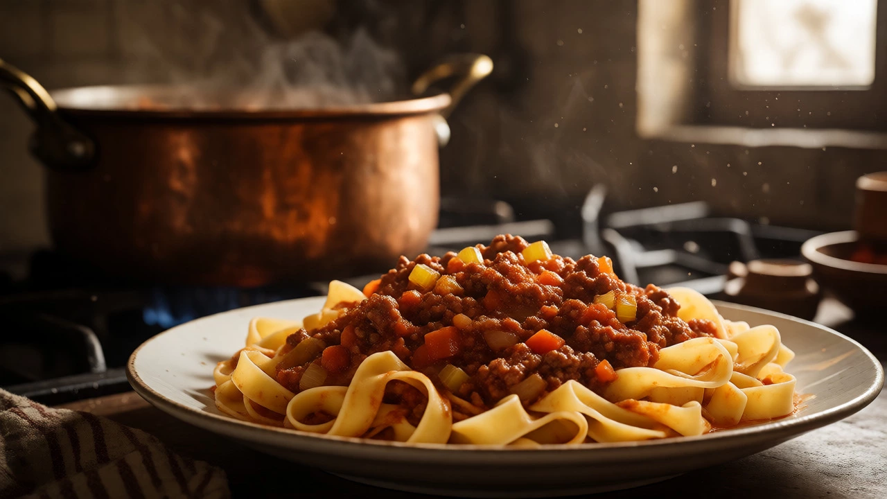 Ragù alla Bolognese served over fresh Tagliatelle in a rustic kitchen