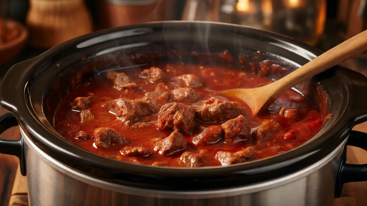Rich, browned beef stew simmering in a slow cooker