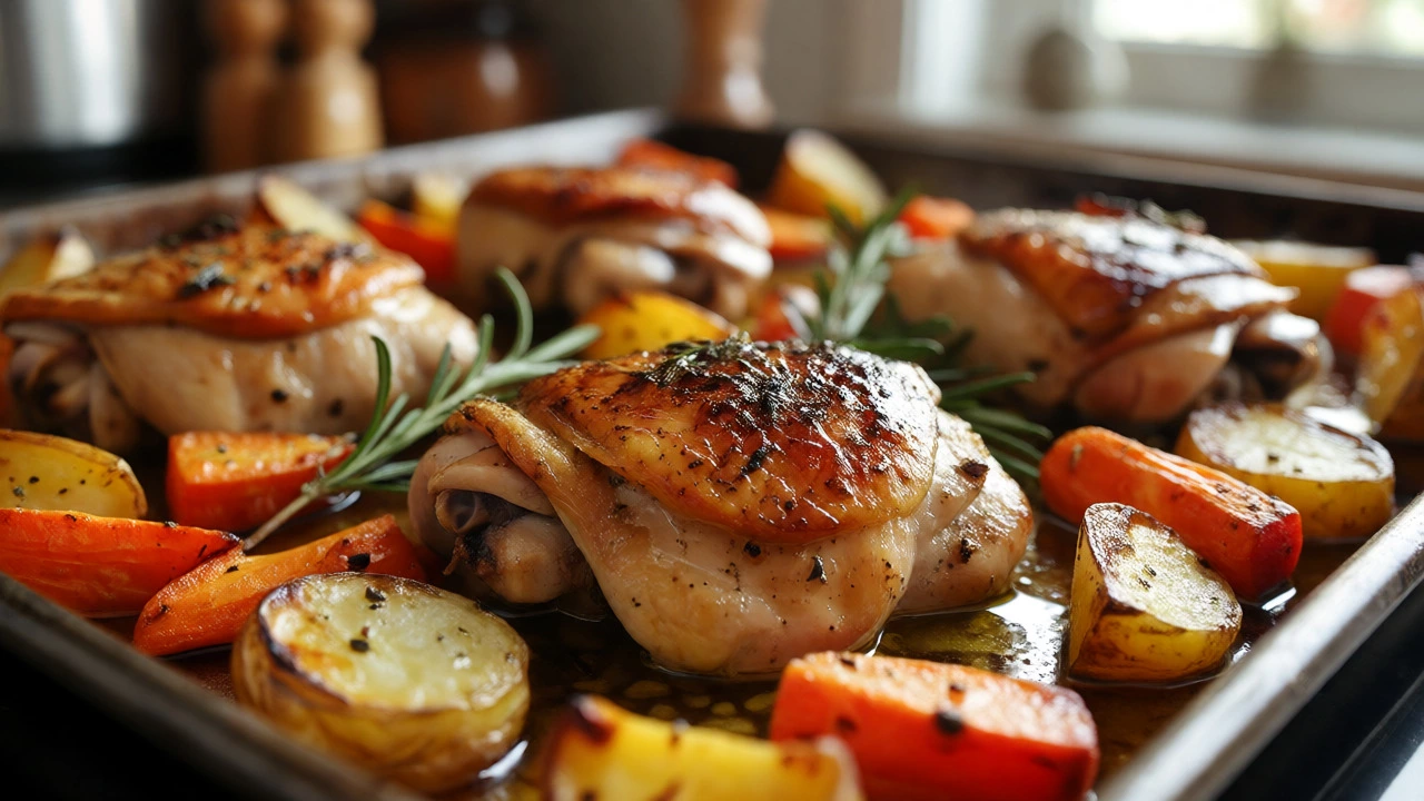 Roasted chicken thighs with potatoes and carrots on a sheet pan