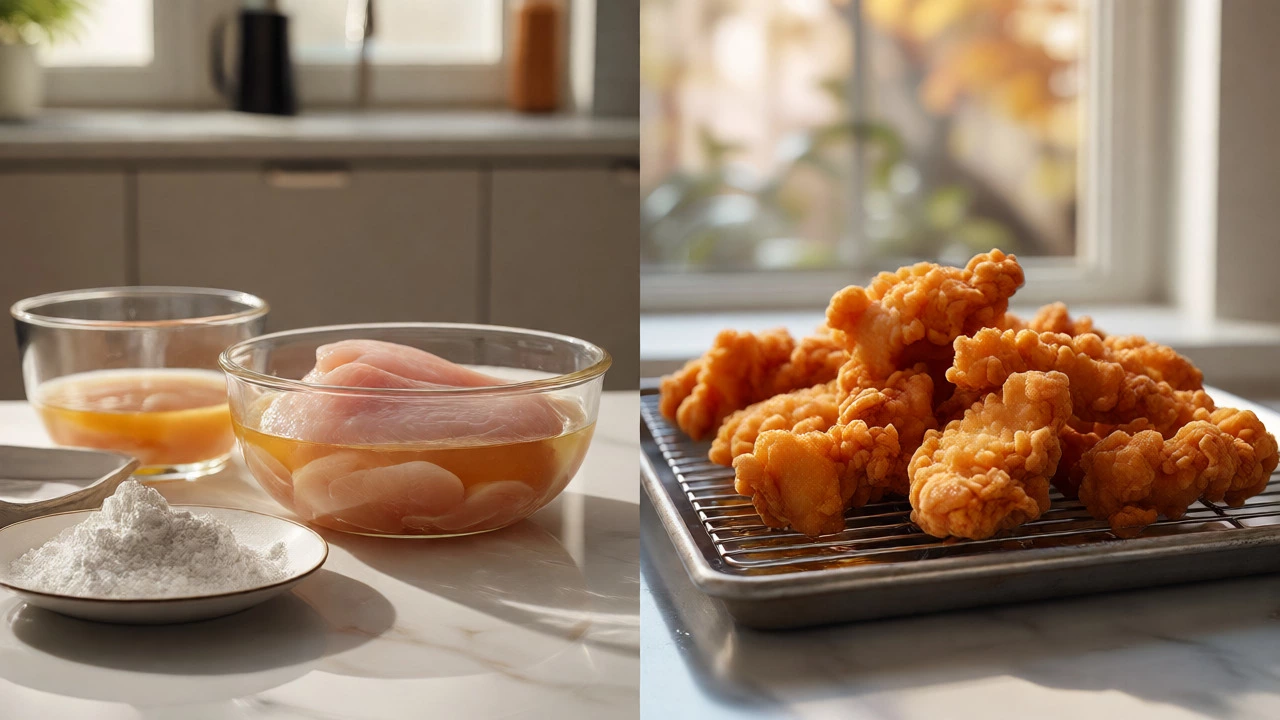 Split view of raw chicken preparation and cooked fried chicken on a rack.