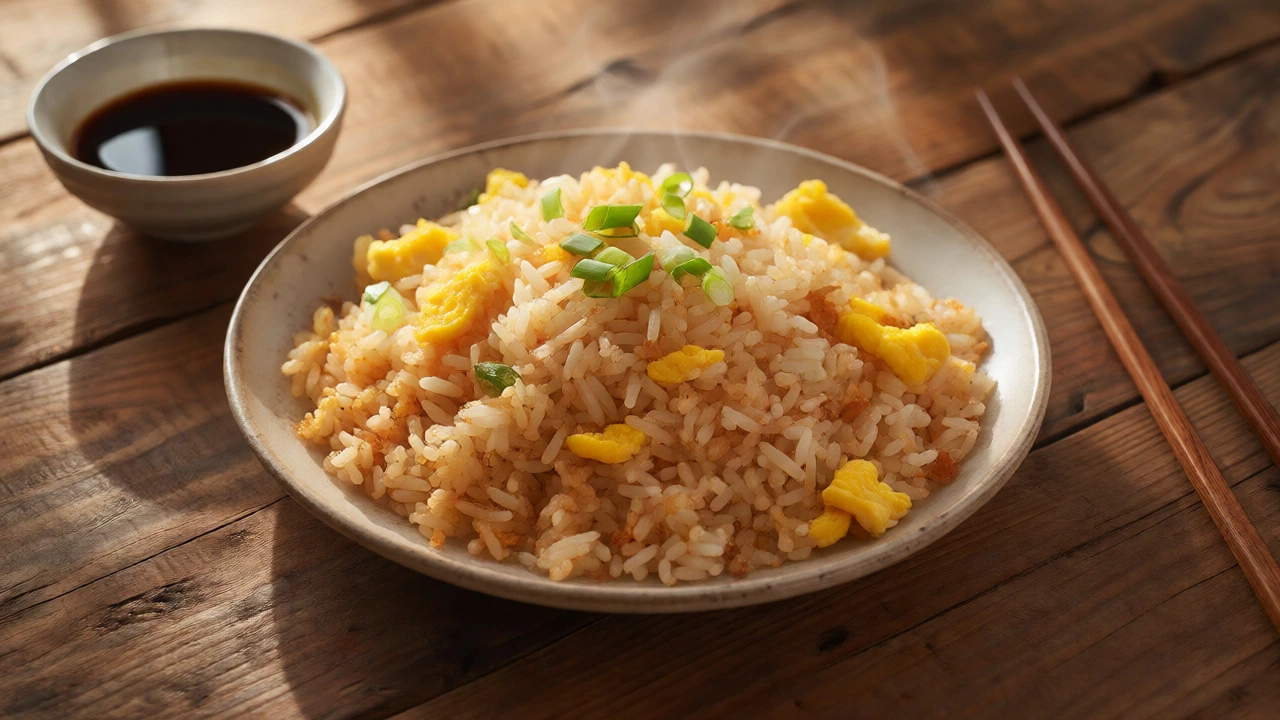 Steaming plate of homemade egg fried rice