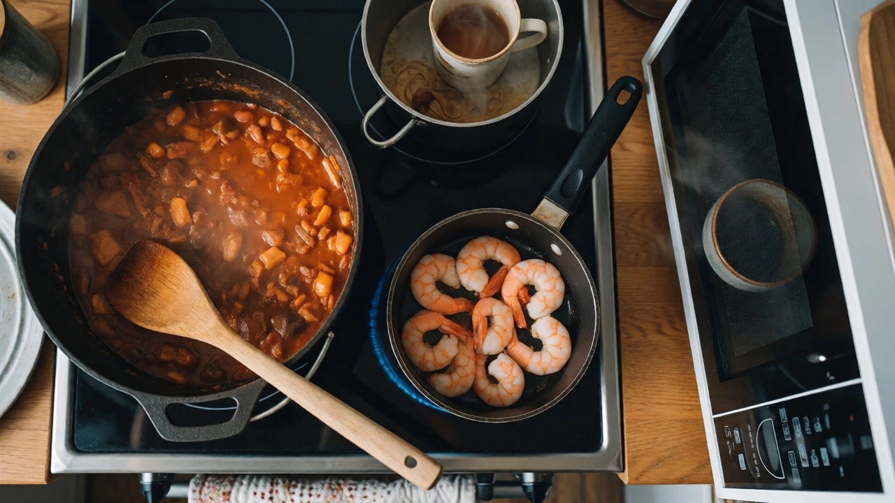 Stovetop cooking scene with a simmering Dutch oven and quick-cooking shrimp