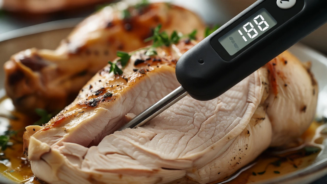 Thermometer measuring temperature in cooked chicken